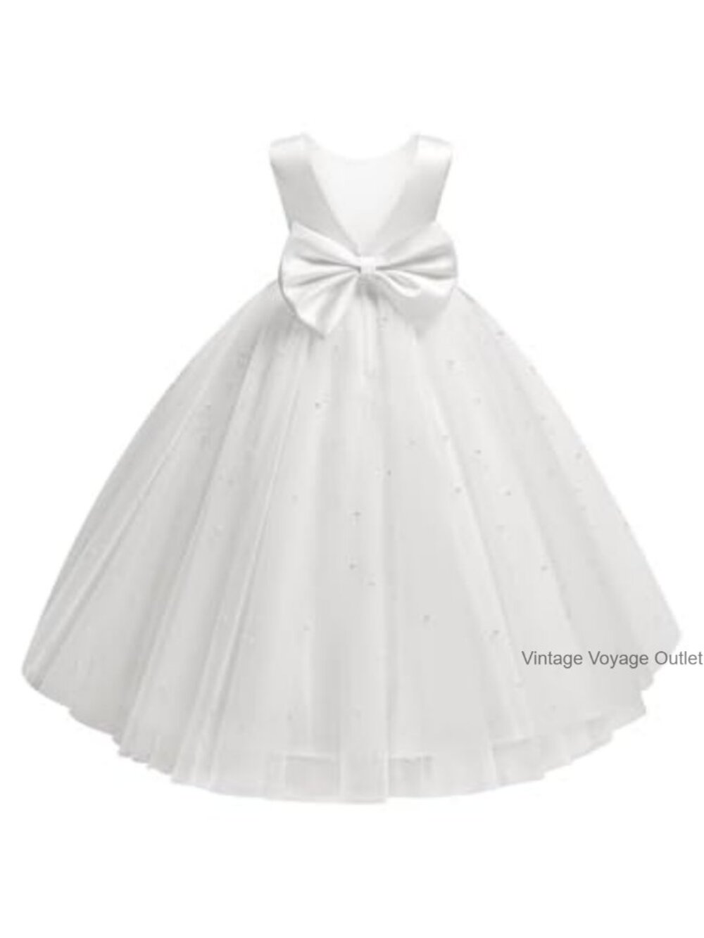 Girls Flower Girl Dress Pearls Tulle Satin Bowknot First Communion Pageant